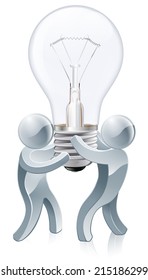 Light bulb people concept of two silver mascots using teamwork to carry a lightbulb. Could be a concept for collaborative thinking.