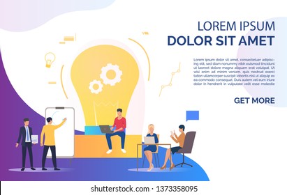 Light bulb, people discussing ideas and working and sample text. Innovation, study, work concept. Presentation slide template. Vector illustration for topics like business, education, research