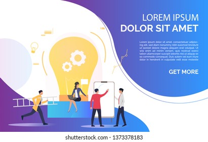 Light Bulb, People Working And Giving Lecture And Sample Text. Innovation, Study, Work Concept. Presentation Slide Template. Vector Illustration For Topics Like Business, Education, Research