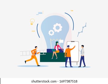 Light bulb, people working and giving lecture. Innovation, study, work concept. Vector illustration can be used for topics like business, education, research