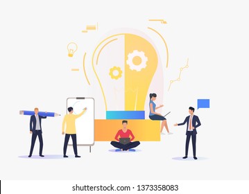Light bulb, people working and studying. Innovation, study, work concept. Vector illustration can be used for topics like business, education, research