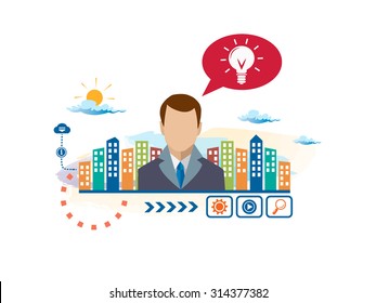 Light bulb and person with bubbles for dialogue. Think and decide. Concept for business.