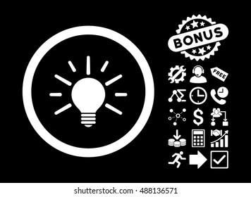 Light Bulb pictograph with bonus icon set. Vector illustration style is flat iconic symbols, white color, black background.