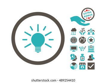 Light Bulb pictograph with bonus images. Vector illustration style is flat iconic bicolor symbols, grey and cyan colors, white background.
