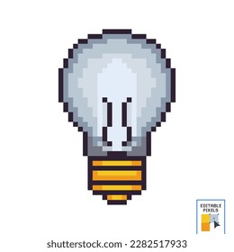 Icono de píxel luminoso. Pixel arte Juego vectorial de la bombilla de luz 8 bits logotipo de icono de lámpara. Icono de idea, pensamiento, concepto de solución.