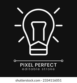 Light bulb pixel perfect white linear icon for dark theme. Creative thinking. Business development. Thin line illustration. Isolated symbol for night mode. Editable stroke. Poppins font used