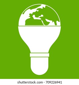Light bulb and planet Earth icon white isolated on green background. Vector illustration
