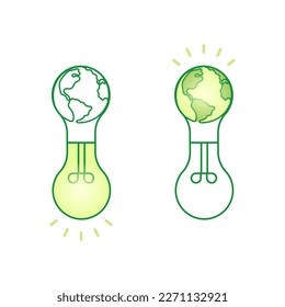 Glühbirne mit Erde im Inneren. Earth Day, Stunde. Energieeinsparung. Vektorgrafik.