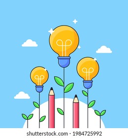 light bulb plant growing high with pencil for smart high education and achieves goals visual concept illustration