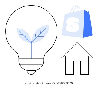 Light bulb with plant inside, blue shopping bag, and simple house outline. Ideal for sustainable living, green energy, eco-friendly products, environmental conservation, renewable resources