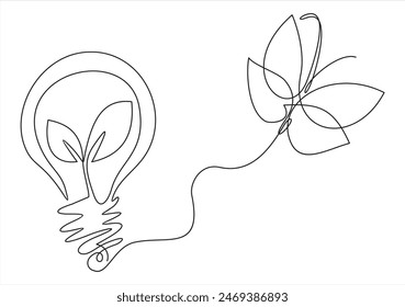 Light bulb with plant inside and butterfly.Ecology Concept.Continuous line drawing	
