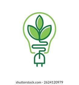 Light bulb and plant logo design elements made with line and minimalist style. Energy saving light symbol, icon. Eco friendly, Eco world, green leaf, energy saving light symbol.