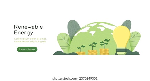 Light bulb with Plants growth on stacked coins. Green Renewable Energy Technology. Ecology, Environment and Pollution. Vector Illustration.