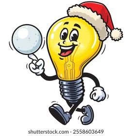 Light Bulb is playing snowballs and wearing a christmas hat,  Cartoon Character Mascot Illustration Vector Clip-art Hand-drawn Logo Design