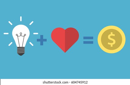 Light Bulb Plus Heart Shape Equals Dollar Coin Isolated On Blue Background. Idea, Inspiration, Desire And Money Concept. Flat Design. Vector Illustration. EPS 8, No Transparency