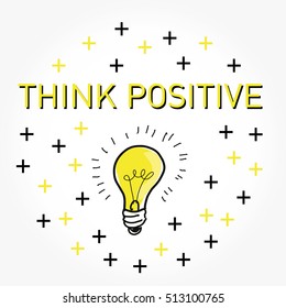 Light bulb with plus symbol. Positive thinking concept. Cartoon flat and line design. Vector illustration