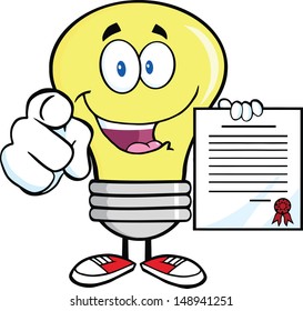 Light Bulb Pointing With Finger And Holding A Contract