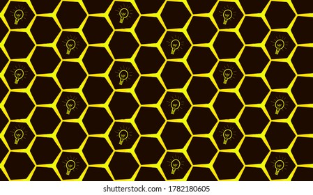 
light bulb in polygonal seamless pattern, modern representation of the electrical network or a network of ideas, brown and yellow background, vector illustration