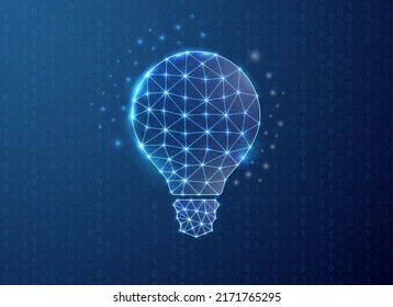 Light bulb polygonal symbol with binary code background. Idea concept design vector illustration. Blue Innovation low poly symbol with connected dots
