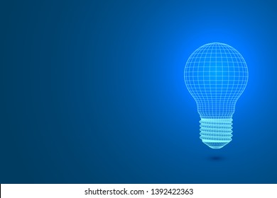 A light bulb from polygons on a blue background emits light. Vector illustration.3D.