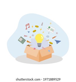 Light bulb pops out of the cardboard box. Flat design vector. Being creative and think out of the box. Turn ideas into skills, business, and products.