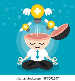 Light bulb positive with wing flying freedom from businessman meditation. Building positive idea concept. Cartoon flat design. Vector illustration