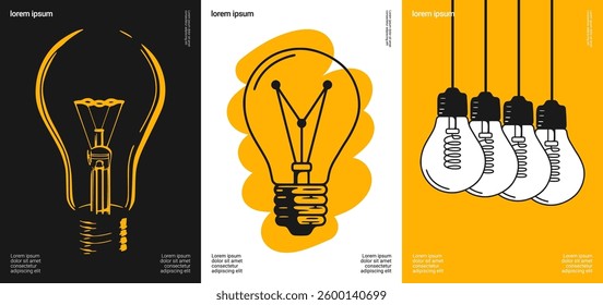 Light bulb poster series with minimal line art, bold shapes, and a modern design.