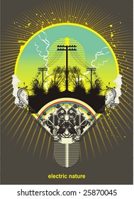 light bulb with power lines and trees inside, vector illustration