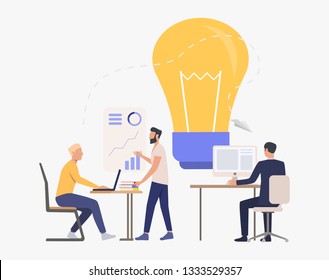 Light bulb and professional company staff working. Idea, planning, analysis concept, presentation slide template. Can be used for topics like business, management, marketing