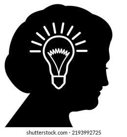 Light bulb in the profile of the head of a beautiful old woman. Concept for brainstorming, ideas, eureka.