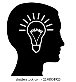 Glühbirne im Profil des Kopfes eines schönen Mannes. Konzept für Brainstorming, Ideen, Heureka.