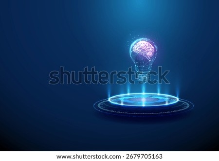 Light bulb with purple brain inside on futuristic podium. Innovative thinking, idea generation, cognitive technology, smart solutions concept. Low poly digital futuristic style, wireframe. Vector.