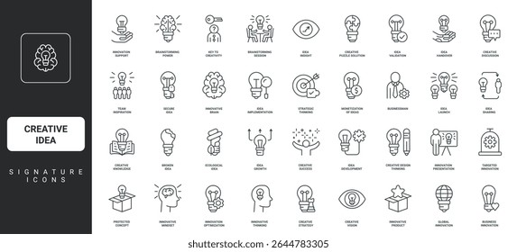 Light bulb and puzzle, brain with innovation mindset thin black outline symbols vector illustration. Creative idea, new project presentation, launch and development, optimization line icon set.