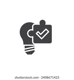 Light bulb and puzzle with check mark vector icon. filled flat sign for mobile concept and web design. Problem Solving glyph icon. Symbol, logo illustration. Vector graphics