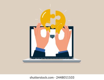 Rompecabezas de bombilla de luz para conectar. Trabajando juntos para tener éxito. Ilustración vectorial plana
