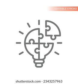 Light bulb and puzzle piece line vector icon. Lightbulb business solution and idea outlined symbol.