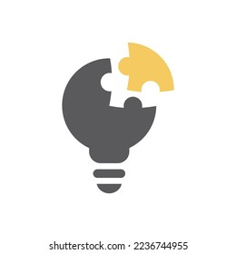 Icono vectorial de bombilla y pieza de rompecabezas. Una solución de negocios ligera y un símbolo de idea.