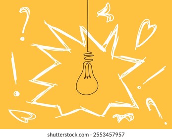 Light bulb and question marks on yellow background. Idea, brainstorm, graphics. Vector illustration