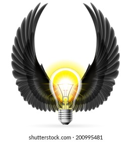 Light bulb with raised up black wings. Idea and inspiration concept