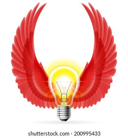 Light bulb with raised up red wings. Idea and inspiration concept