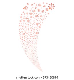 Light Bulb random fireworks stream. Vector illustration style is flat intensive red and orange iconic symbols on a white background. Object fountain constructed from scattered symbols.