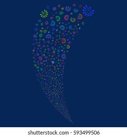Light Bulb random fireworks stream. Vector illustration style is flat bright multicolored iconic symbols on a blue background. Object fountain organized from scattered pictographs.