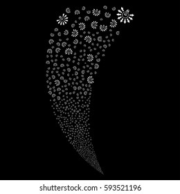 Light Bulb random fireworks stream. Vector illustration style is flat white iconic symbols on a black background. Object fountain combined from scattered pictograms.