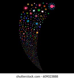 Light Bulb random fireworks stream. Vector illustration style is flat bright multicolored iconic symbols on a black background. Object fountain combined from scattered pictograms.