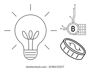 Bombilla con rayos junto a símbolos que representan criptomonedas, incluidos Bitcoin y monedas. Ideal para la innovación tecnológica criptomoneda crecimiento económico moneda digital y tecnología financiera