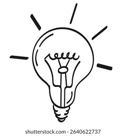 A light bulb with rays of light, a conceptual symbol of an idea. Contour, abstract drawing by hand, doodle. Black on white background, vector.