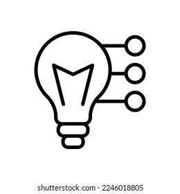 Bombilla de luz con un icono de línea de rayos. Iluminación, electricidad, electricidad, brillo, cableado, resplandor. Pensamiento, idea creativa, creatividad, solución, estrategia. Concepto tecnológico. Icono de línea de vector sobre fondo blanco