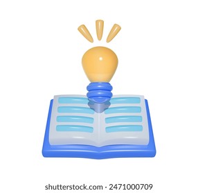 Light bulb with rays over open book. 3D vector illustration isolated. Education and creativity icon.