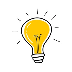 Light Bulb With Rays Shine. Cartoon Style. Flat Style. Hand Drawn Style. Doodle Style. Symbol Of Creativity, Innovation, Inspiration, Invention And Idea. Vector Illustration