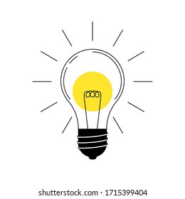 Light bulb with rays shine. Cartoon style. Flat style. Hand drawn style. Doodle style. Symbol of creativity, innovation, inspiration, invention and idea. Vector illustration